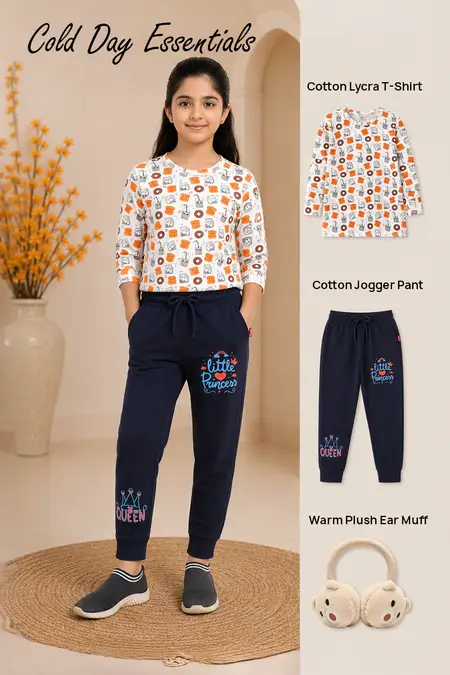 Cold Day Essentials - Cotton Lycra T-Shirt, Jogger Pant & Warm Plush Ear Muff for Girls