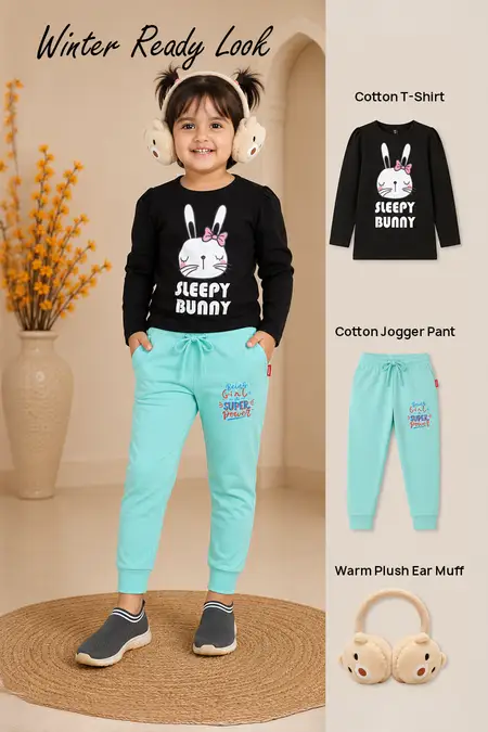 Winter Ready Look - Cotton T-Shirt, Jogger Pant & Warm Plush Ear Muff for Girls