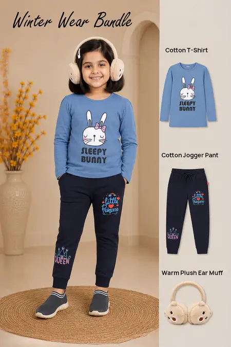 Winter Wear Bundle - Cotton T-Shirt, Jogger Pant & Warm Plush Ear Muff for Girls