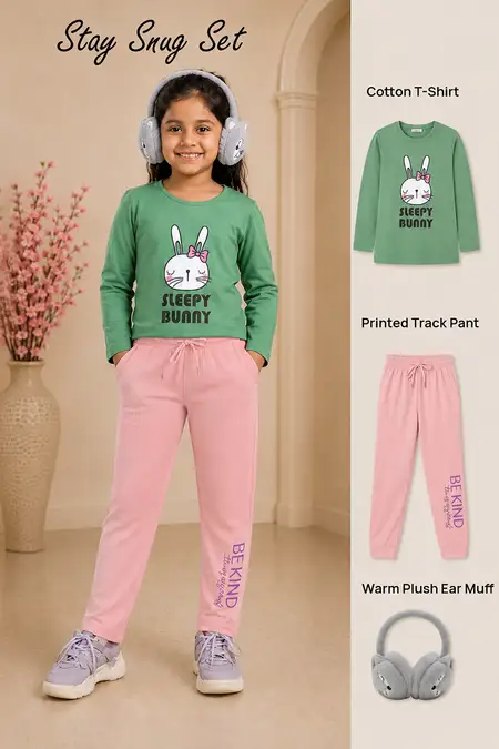 Stay Snug Set - Cotton T-Shirt, Printed Track Pant & Warm Plush Ear Muff for Girls