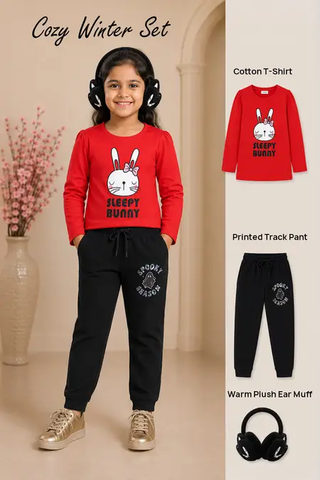 Cozy Winter Set - Cotton T-Shirt, Printed Track Pant & Warm Plush Ear Muff for Girls