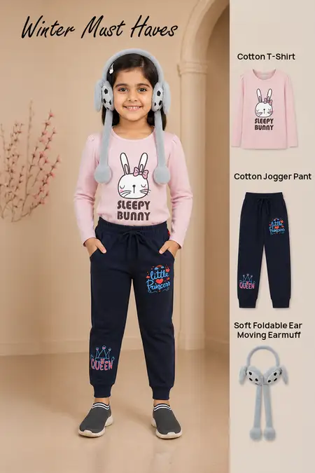 Winter Must Haves - Cotton T-Shirt, Jogger Pant & Earmuff for Girls