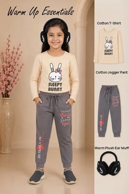 Warm Up Essentials - Cotton T-Shirt, Jogger Pant & Warm Plush Earmuff for Girls