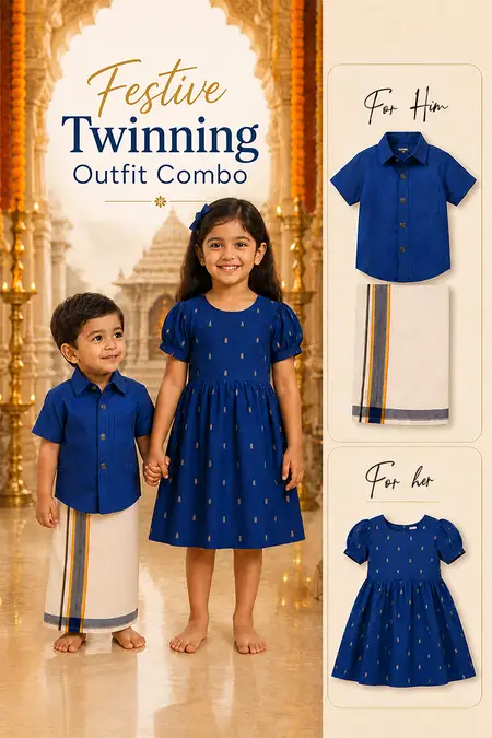 Festive Twinning Outfit Combo - Shirt with Dhoti Set & Frock for Baby Boys and Girls