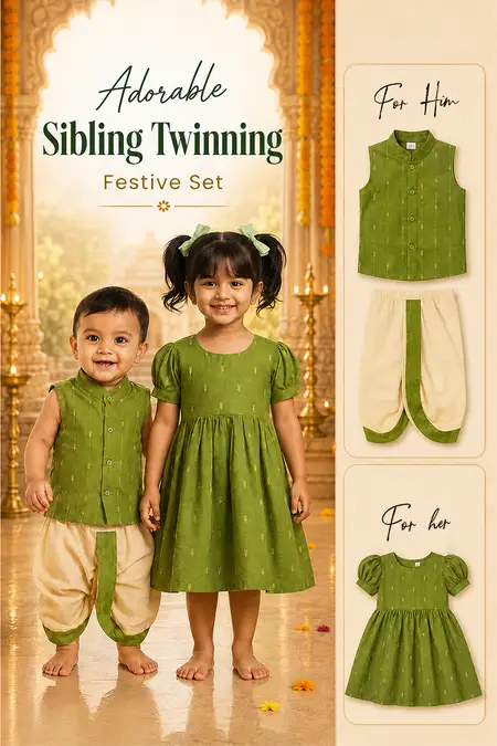 Adorable Sibling Twinning Festive Set - Frock, Shirt & Panchakacham Set for Baby Boys & Girls