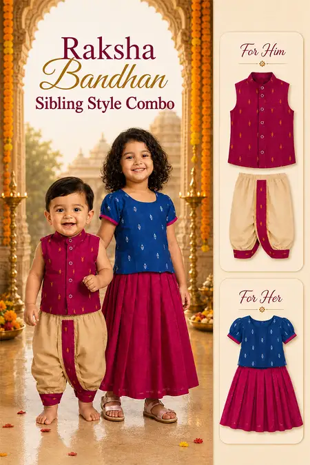 Raksha Bandhan Sibling Style Combo - Pattu Pavadai, Shirt & Panchakacham Set for Baby Boys and Girls