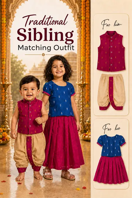 Traditional Sibling Matching Outfit - Pattu Pavadai, Shirt & Panchakacham Set for Baby Boys and Girls