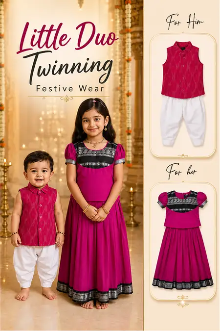 Little Duo Twinning Festive Wear - Pattu Pavadai, Shirt & Pant Set for Baby Boys and Girls