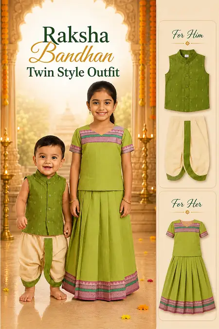 Raksha Bandhan Twin Style Outfit - Pattu Pavadai, Shirt & Panchakacham Set for Baby Boys and Girls