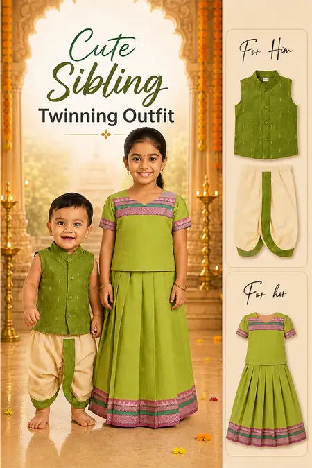 Cute Sibling Twinning Outfit - Pattu Pavadai, Shirt & Panchakacham Set for Baby Boys and Girls