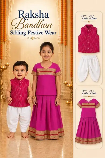 Raksha Bandhan Sibling Festive Wear - Pattu Pavadai, Shirt & Pant Set for Baby Boys and Girls