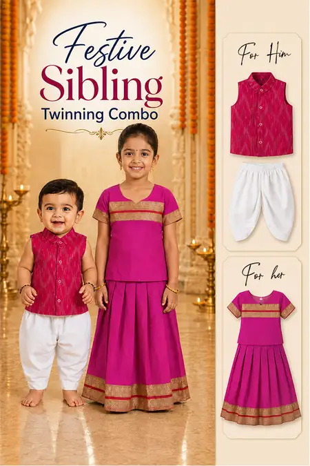 Festive Sibling Twinning Combo - Pattu Pavadai, Shirt & Pant Set for Baby Boys and Girls