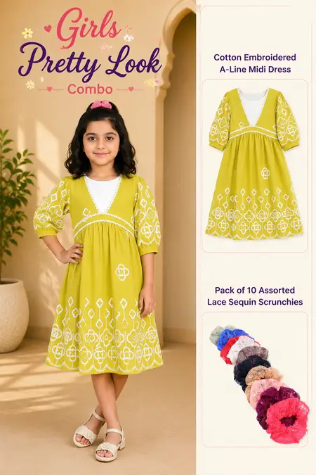 Girls Pretty Look Combo - Cotton Midi Dress & Lace Sequin Scrunchies