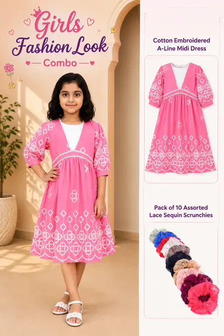 Girls Fashion Look Combo - Cotton Midi Dress & Lace Sequin Scrunchies
