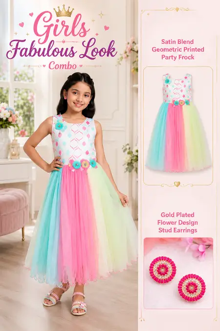 Girls Fabulous Look Combo - Satin Blend Party Frock & Stud Earrings