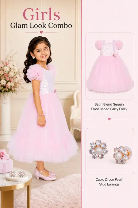 Girls Glam Look Combo - Satin Blend Party Frock & Stud Earrings