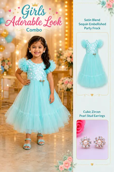 Girls Adorable Look Combo - Satin Blend Party Frock & Stud Earrings