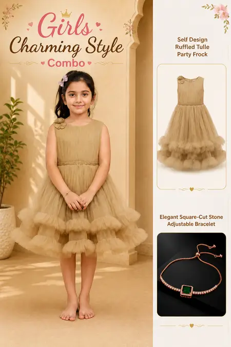 Girls Charming Style Combo - Netted Party Frock & Adjustable Bracelet