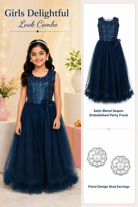 Girls Delightful Look Combo - Satin Blend Party Frock & Stud Earrings