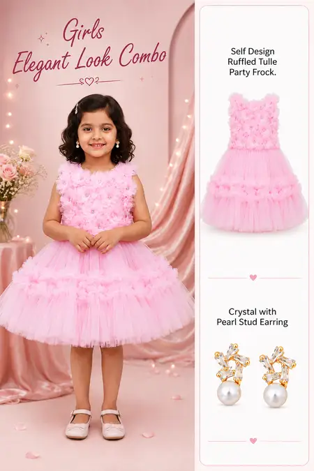 Girls Elegant Look Combo - Netted Party Frock & Stud Earrings