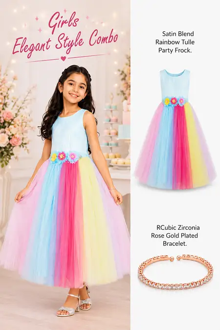 Girls Elegant Style Combo - Satin Blend Party Frock & Bracelet