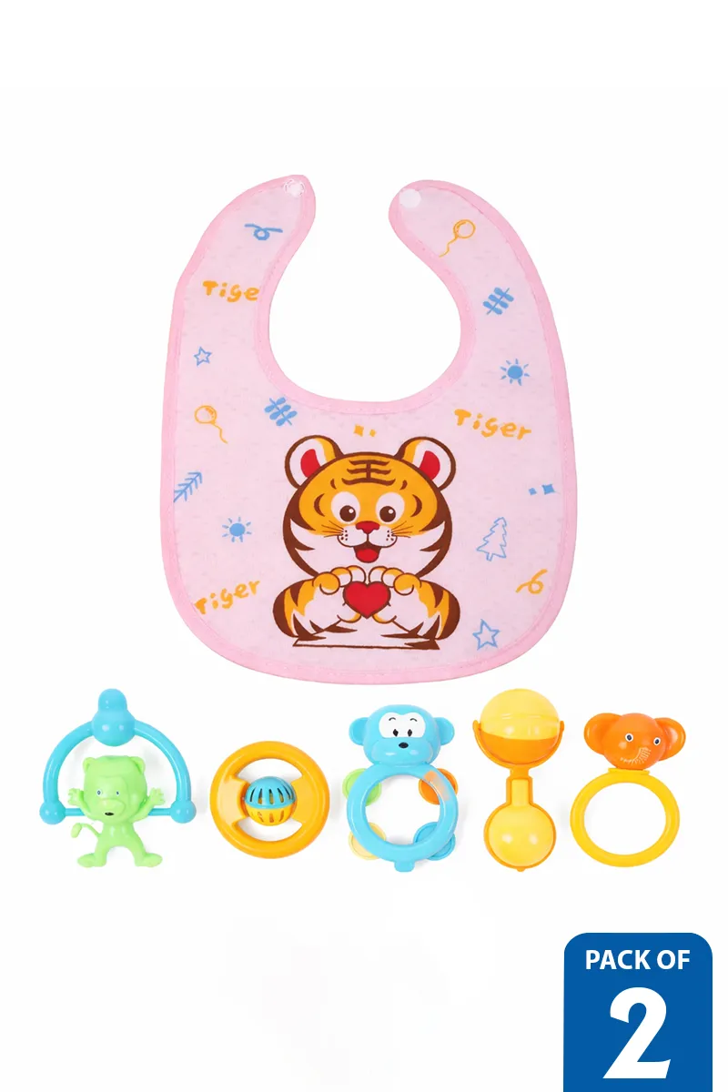 Newborn Cotton Blend Bibs & Houseful Baby Rattle Set - Pack of 2