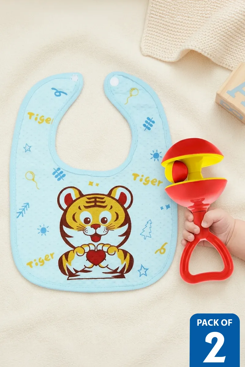 Newborn Cotton Blend Bibs & Houseful Baby Rattle Set - Pack of 2