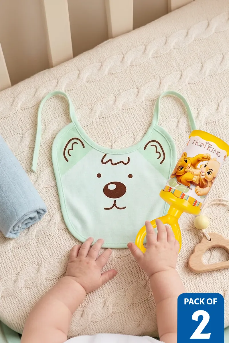 Cotton Blend Baby Bibs & Disney-Themed Baby Rattle - Pack of 2