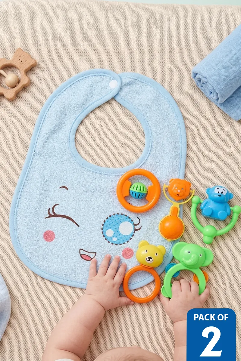Cotton Blend Baby Bibs & Blossom Animal Shaped Rattle Set - Pack of 2