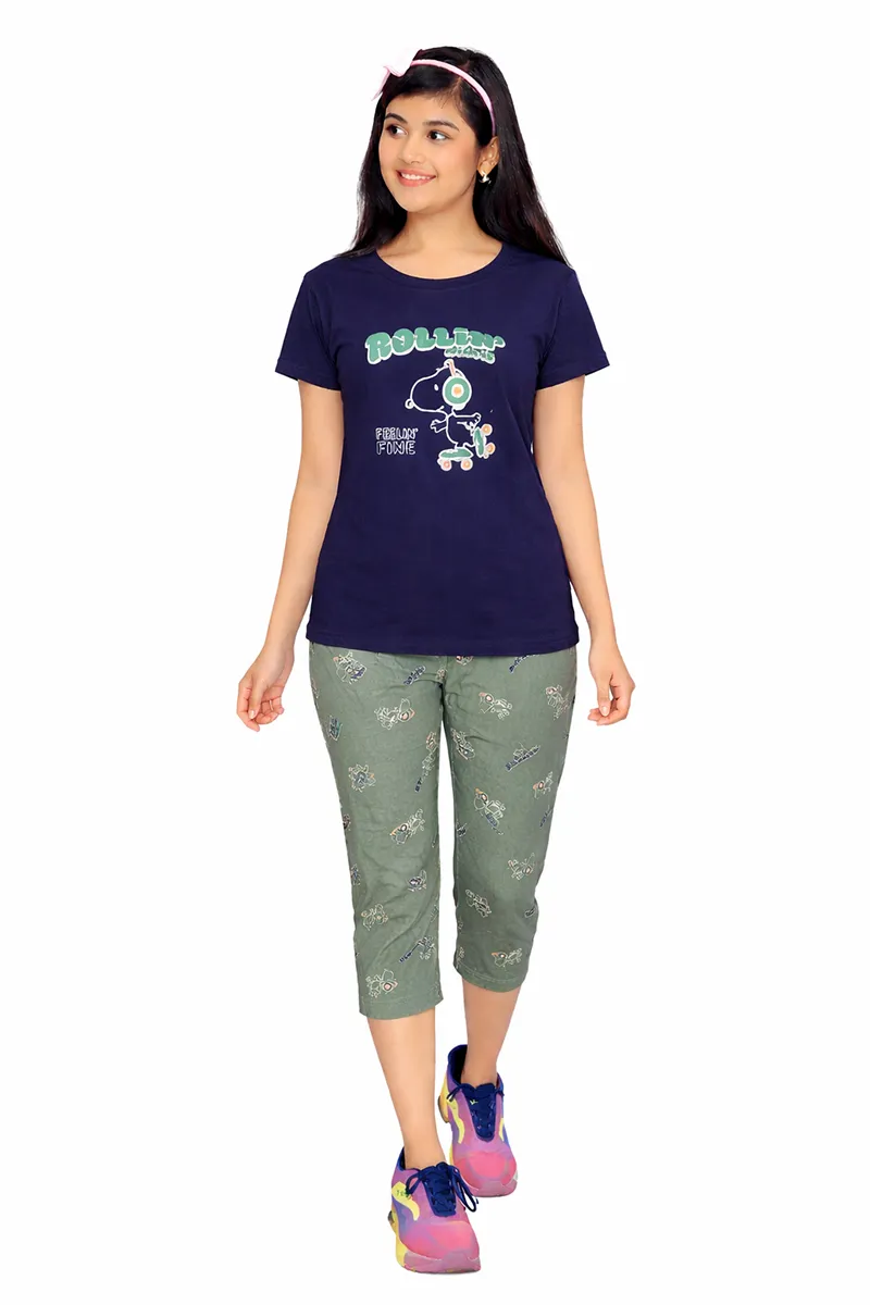 Printed T-Shirt and Capri Pant for Girls  - Navy Blue