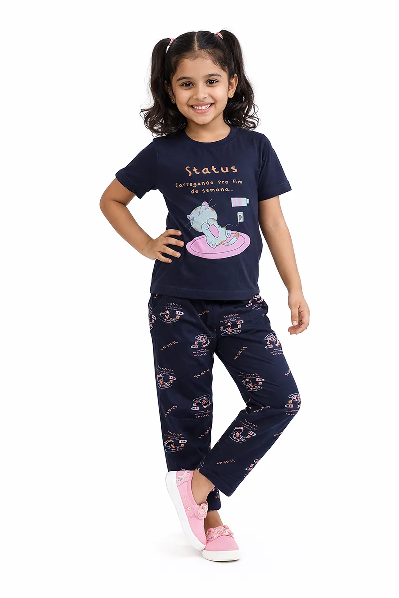 Cotton Printed T-Shirt and Pant Set for Girls - Navy Blue