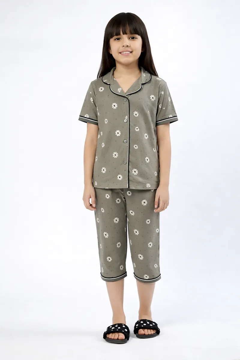 Printed T-Shirt and Capri Pant for Girls  - Sage
