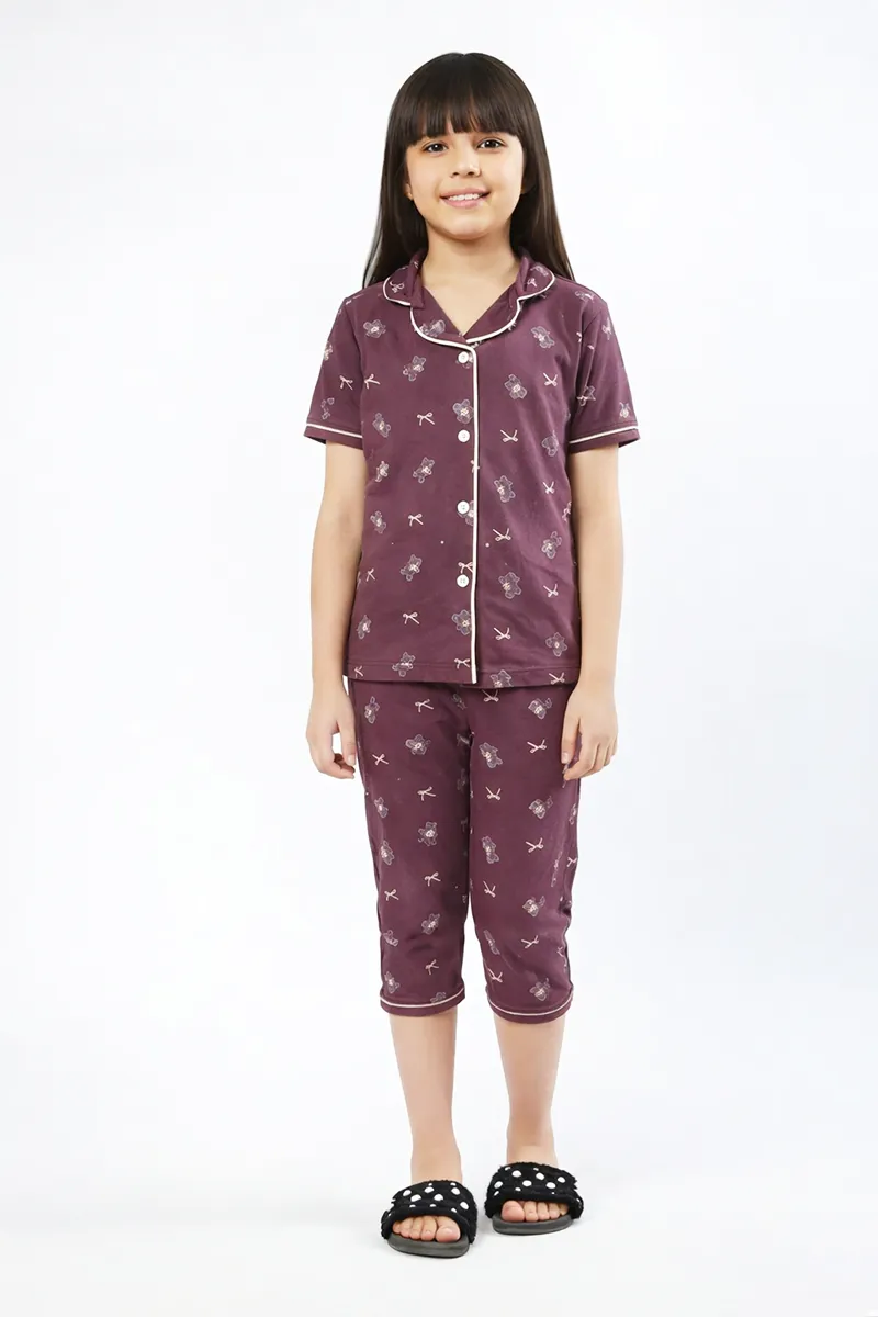 Printed T-Shirt and Capri Pant for Girls  - Purple