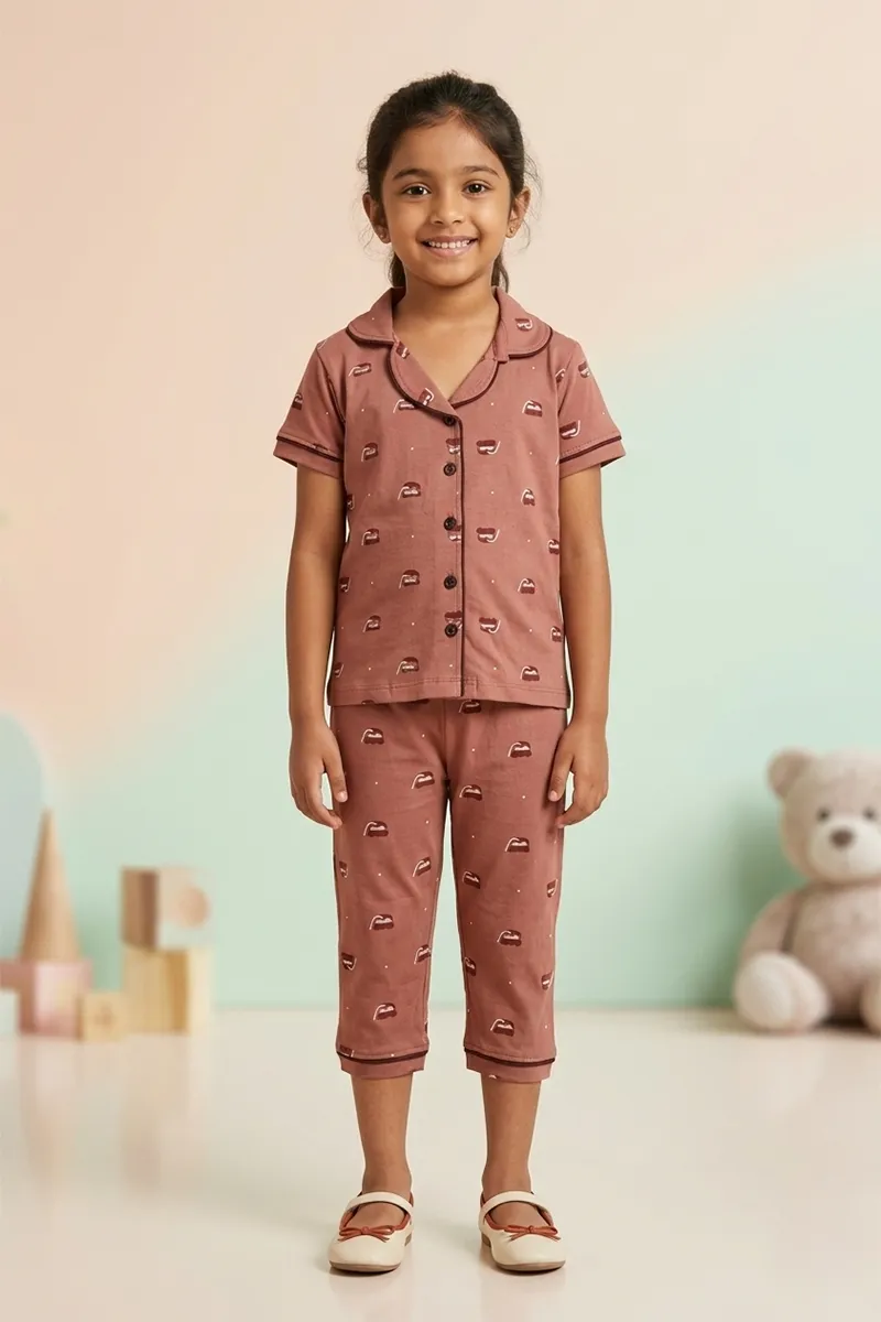 Printed T-Shirt and Capri Pant for Girls  - Brown