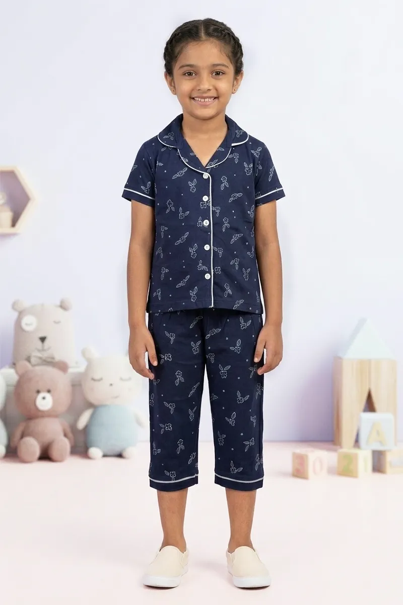 Printed T-Shirt and Capri Pant for Girls  - Navy Blue