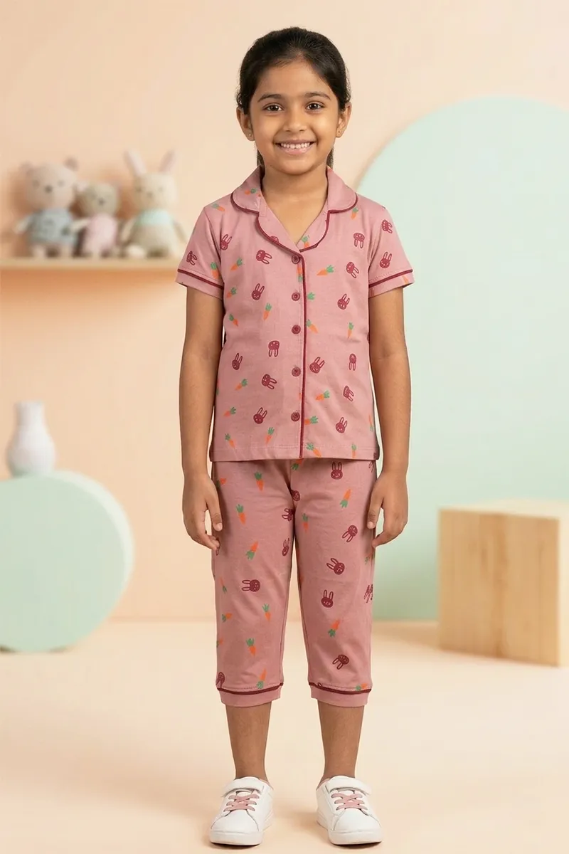 Printed T-Shirt and Capri Pant for Girls  - Dusty Pink