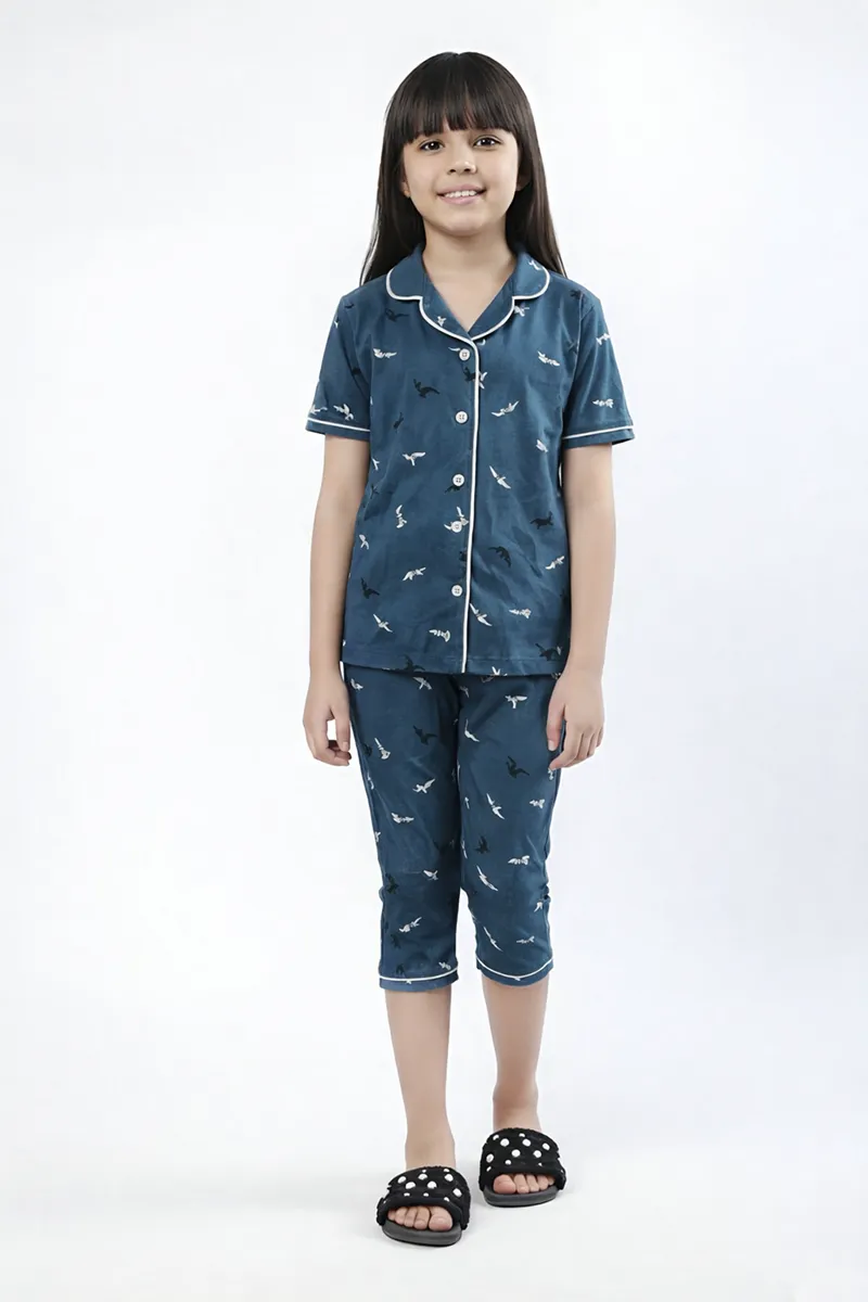 Printed T-Shirt and Capri Pant for Girls  - Teal