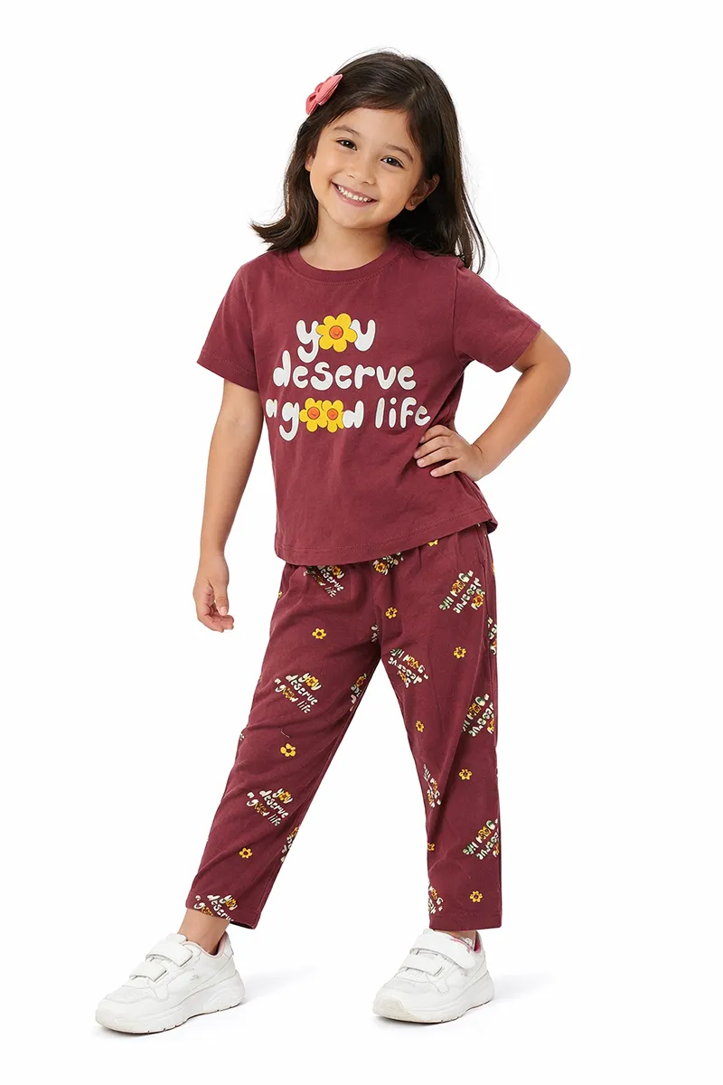 Cotton Printed T-Shirt and Pant Set for Girls - Brown