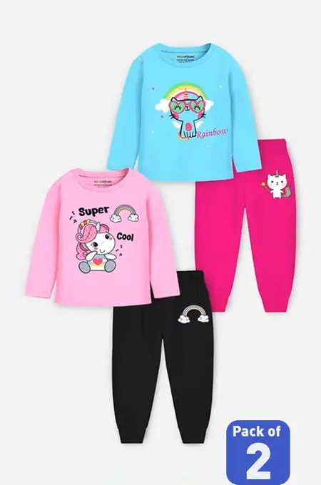 Pack of 2 Graphic Printed T-Shirt with Pyjama Pant for Girls - Multicolor