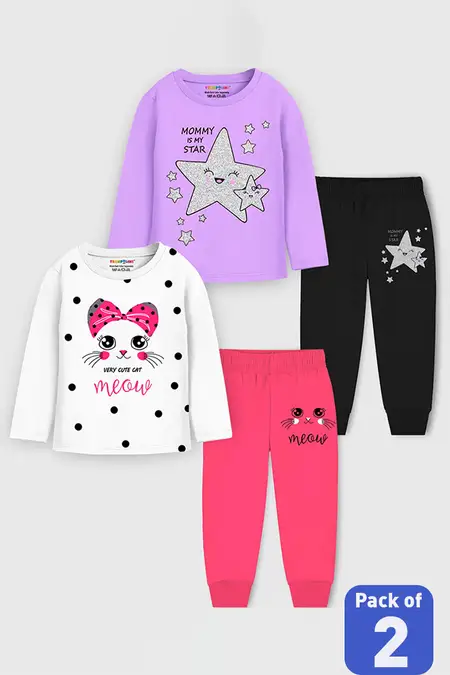 Pack of 2 Graphic Printed T-Shirt with Jogger Pant for Girls - Multicolor