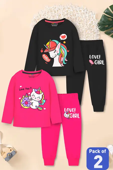 Pack of 2 Graphic Printed T-Shirt with Jogger Pant for Girls - Multicolor