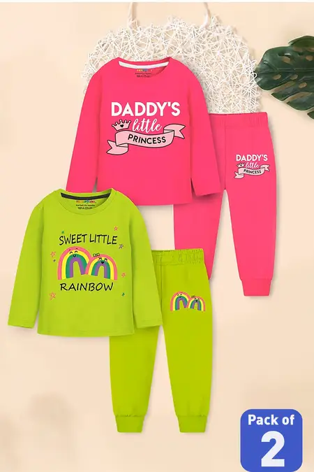 Pack of 2 Graphic Printed T-Shirt with Jogger Pant for Girls - Multicolor