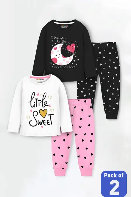 Pack of 2 Printed T-Shirt with Jogger Pant for Girls - Multicolor