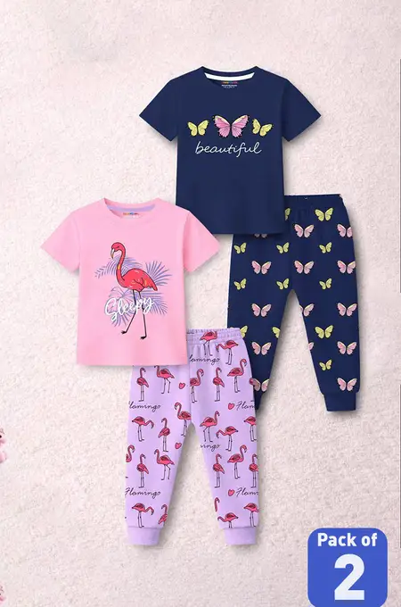 Pack of 2 Printed Top and Pant Set for Girls - Multicolor