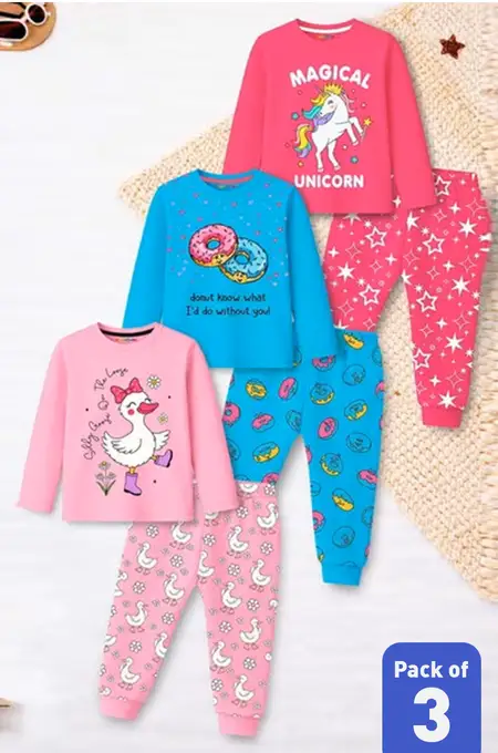 Pack of 3 Graphic Printed T-Shirt with Pant for Girls - Multicolor