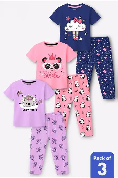 Pack of 3 Graphic Printed Top and Pant Set for Girls - Multicolor