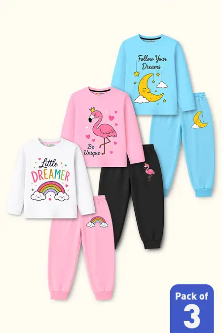 Pack of 3 Graphic Printed T-Shirt with Jogger Pant for Girls - Multicolor