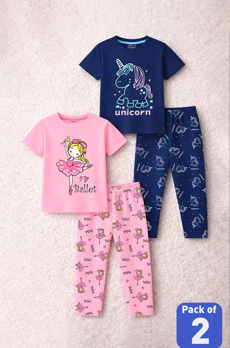 Pack of 2 Printed Top and Pant Set for Girls - Multicolor
