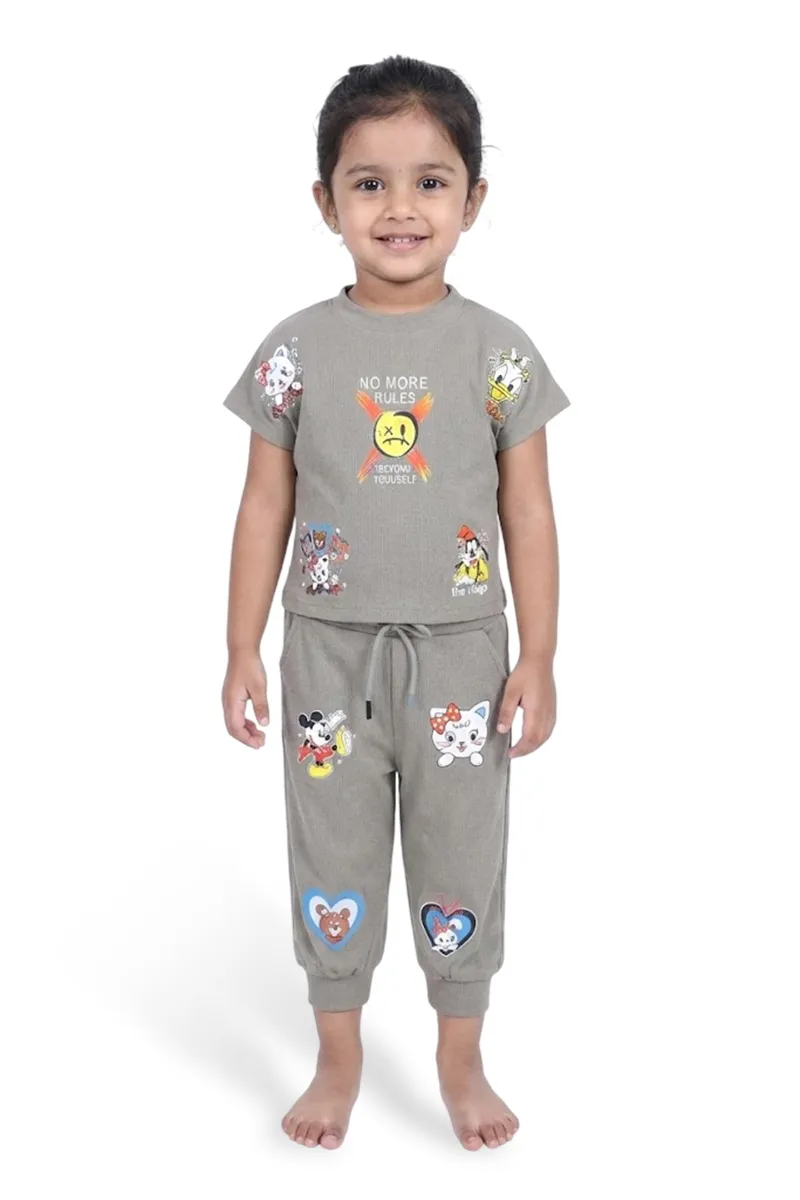 Girl's Cotton Blend Graphic Printed T-Shirt with Pant Set - Sage