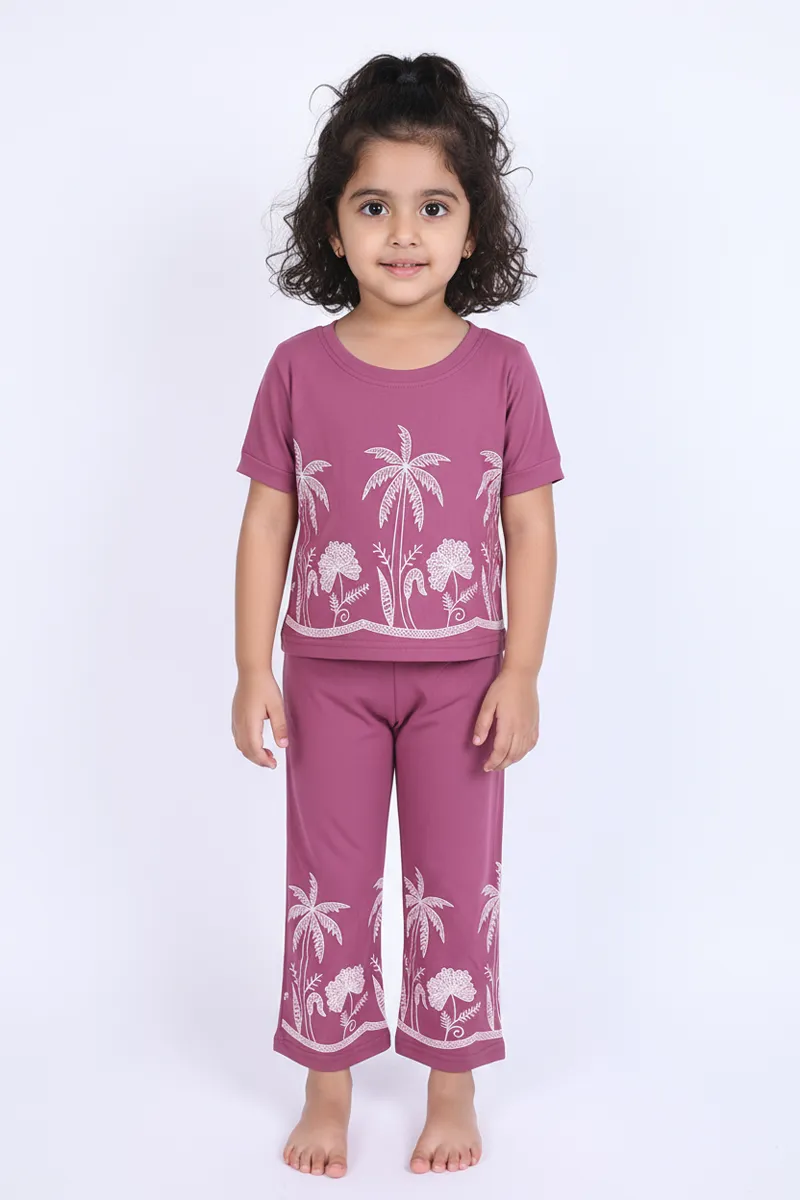 Girl's Cotton Embroidered T-Shirt and Pant Set - Mauve CLGCS003MAU45YR
